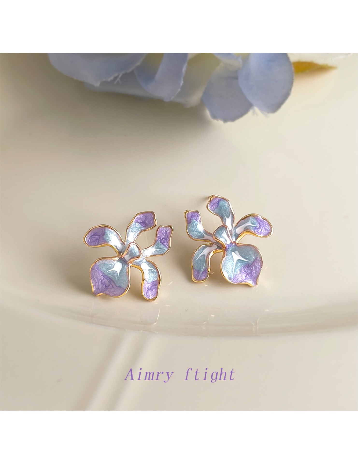 HELN124100318 鳶尾花系列手工彩繪琺瑯滴釉漸變色清新甜美耳飾s925銀針耳環