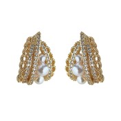 HELN124100320 微鑲鋯石鍍14K法式優雅鏤空蕾絲花邊幾何水滴珍珠耳環女