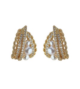 HELN124100320 微鑲鋯石鍍14K法式優雅鏤空蕾絲花邊幾何水滴珍珠耳環女