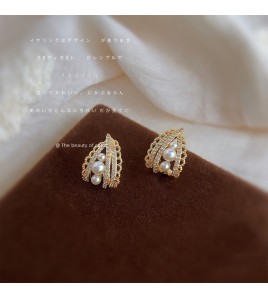 HELN124100320 微鑲鋯石鍍14K法式優雅鏤空蕾絲花邊幾何水滴珍珠耳環女