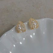 HELN124100320 微鑲鋯石鍍14K法式優雅鏤空蕾絲花邊幾何水滴珍珠耳環女