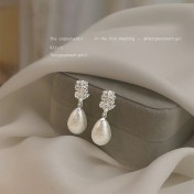 HELN124100321 法式肌理紋雪花珍珠水滴925銀針耳環氣質高級感 輕奢風耳飾女