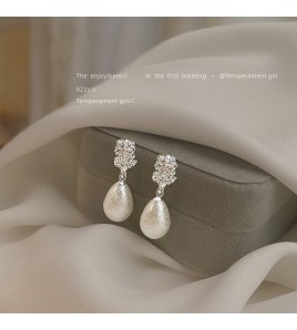 HELN124100321 法式肌理紋雪花珍珠水滴925銀針耳環氣質高級感 輕奢風耳飾女