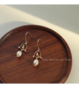 HELN124100323 籠中鳥~法式復古淡水珍珠小鳥耳環女宮廷風手作簡約氣質