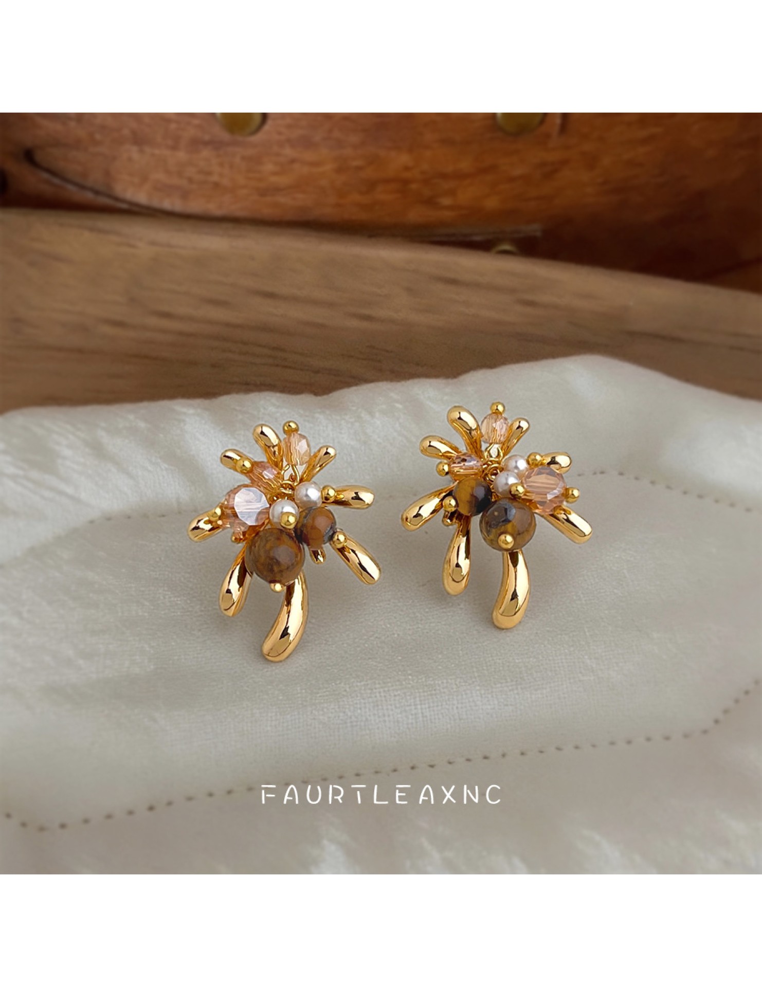 HELN124100324 美拉德風虎眼石煙花耳環輕奢風高級感復古法式手工小眾耳飾女