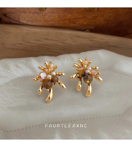 HELN124100324 美拉德風虎眼石煙花耳環輕奢風高級感復古法式手工小眾耳飾女