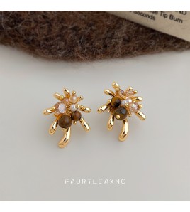 HELN124100324 美拉德風虎眼石煙花耳環輕奢風高級感復古法式手工小眾耳飾女