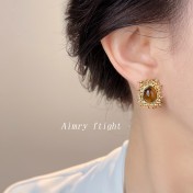 HELN124100326 美拉德風虎眼石天然石設計師款不規則網狀秋冬新款耳環女