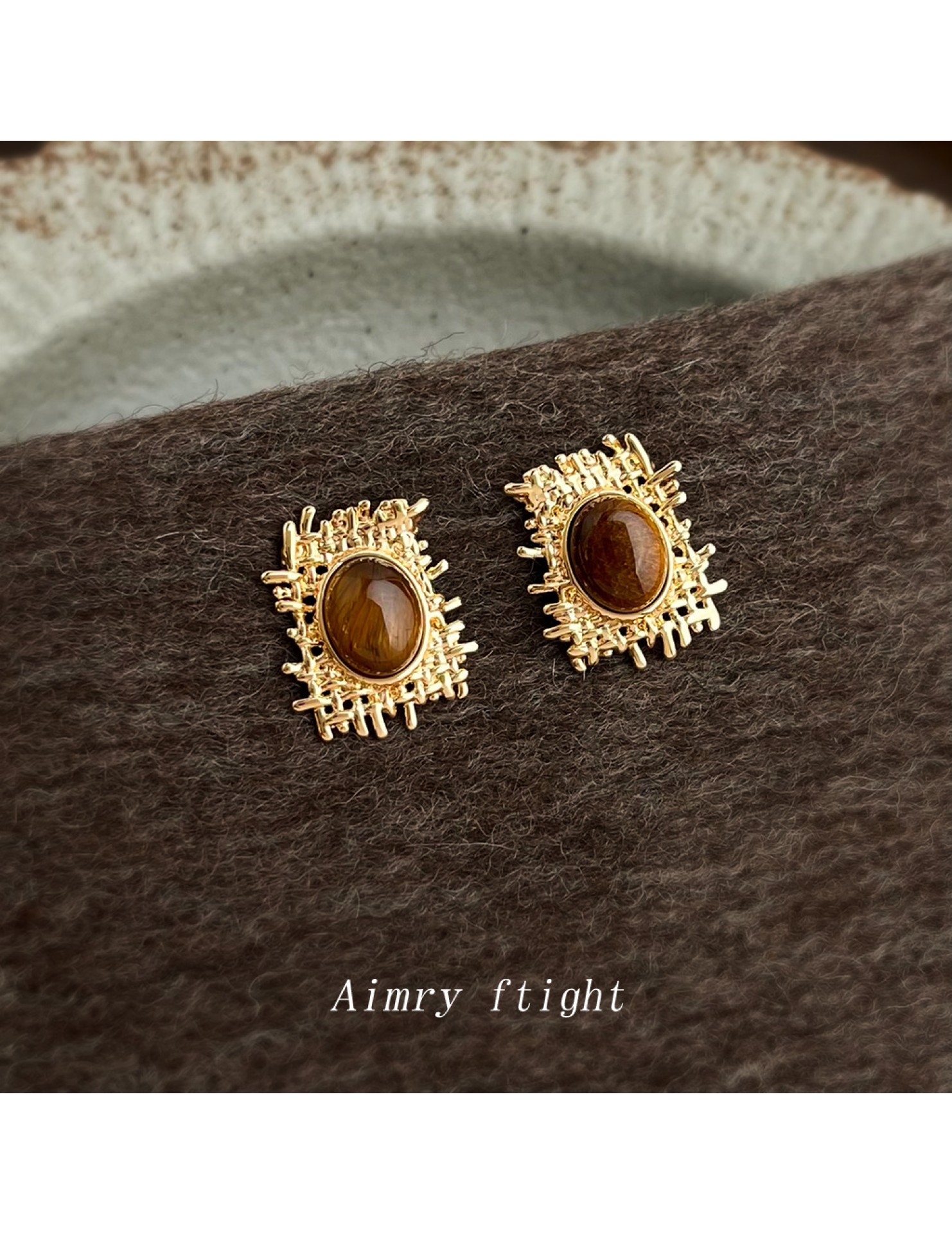 HELN124100326 美拉德風虎眼石天然石設計師款不規則網狀秋冬新款耳環女