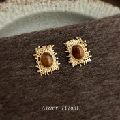 HELN124100326 美拉德風虎眼石天然石設計師款不規則網狀秋冬新款耳環女