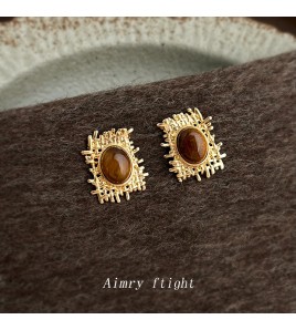 HELN124100326 美拉德風虎眼石天然石設計師款不規則網狀秋冬新款耳環女