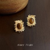 HELN124100326 美拉德風虎眼石天然石設計師款不規則網狀秋冬新款耳環女