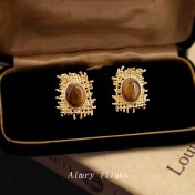 HELN124100326 美拉德風虎眼石天然石設計師款不規則網狀秋冬新款耳環女