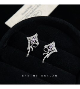 HELN124100335 設計芒星蝴蝶結微鑲鋯石925銀針時尚優雅甜美耳釘 耳飾女