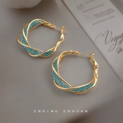 HELN124100336 時尚高級感海藍寶色鋯石水晶圓圈幾何麻花銀針夸張大耳環