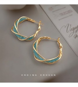 HELN124100336 時尚高級感海藍寶色鋯石水晶圓圈幾何麻花銀針夸張大耳環