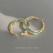 HELN124100336 時尚高級感海藍寶色鋯石水晶圓圈幾何麻花銀針夸張大耳環