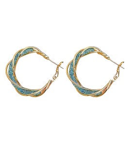 HELN124100336 時尚高級感海藍寶色鋯石水晶圓圈幾何麻花銀針夸張大耳環