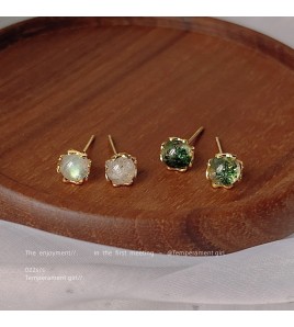 HELN124100338 【天然石】~925銀針鍍14K迷你版閃光 綠幽靈耳釘小巧氣質