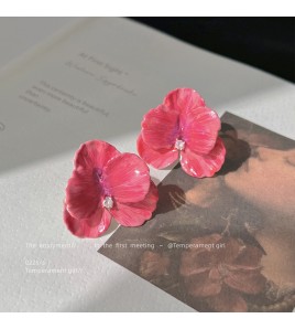 HELN124100346 藝術氣息925銀針鍍14K立體花瓣耳釘 氣質紅耳飾耳環