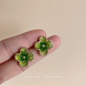HELN124100348 夏款實物很閃森系甜美綠色925銀針鍍14K玻璃水晶耳釘耳飾耳環女