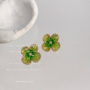 HELN124100348 夏款實物很閃森系甜美綠色925銀針鍍14K玻璃水晶耳釘耳飾耳環女