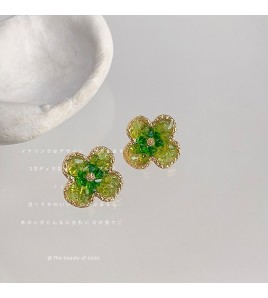 HELN124100348 夏款實物很閃森系甜美綠色925銀針鍍14K玻璃水晶耳釘耳飾耳環女