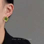 HELN124100348 夏款實物很閃森系甜美綠色925銀針鍍14K玻璃水晶耳釘耳飾耳環女