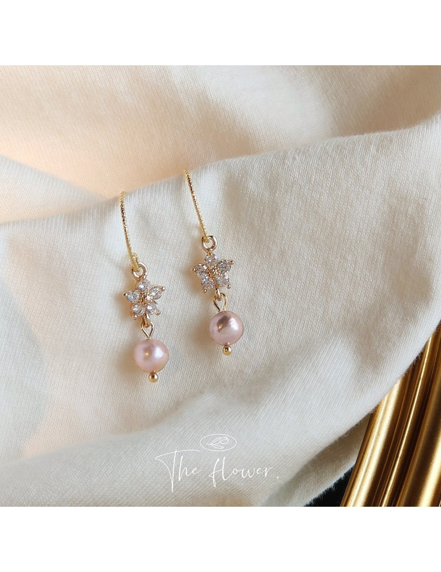 HELN124100349 淡水珍珠鍍14k復古微鑲鋯石耳環女 法式設計感時尚氣質