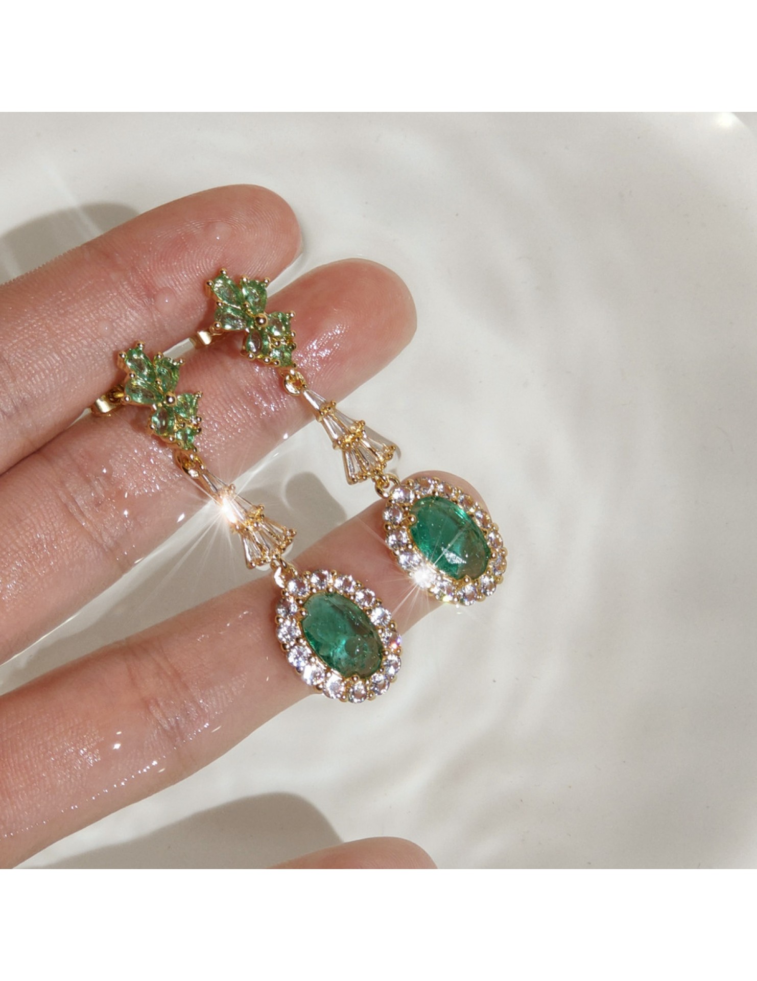 HELN124100352 925銀針鍍14K浪漫復古綠鋯石閃溫柔耳環氣質宮廷耳飾