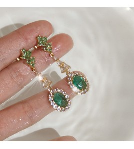 HELN124100352 925銀針鍍14K浪漫復古綠鋯石閃溫柔耳環氣質宮廷耳飾
