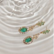 HELN124100352 925銀針鍍14K浪漫復古綠鋯石閃溫柔耳環氣質宮廷耳飾