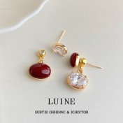 HELN124100353 文藝復古安可拉紅酒紅鋯石幾何s925銀針一款多戴耳環飾品