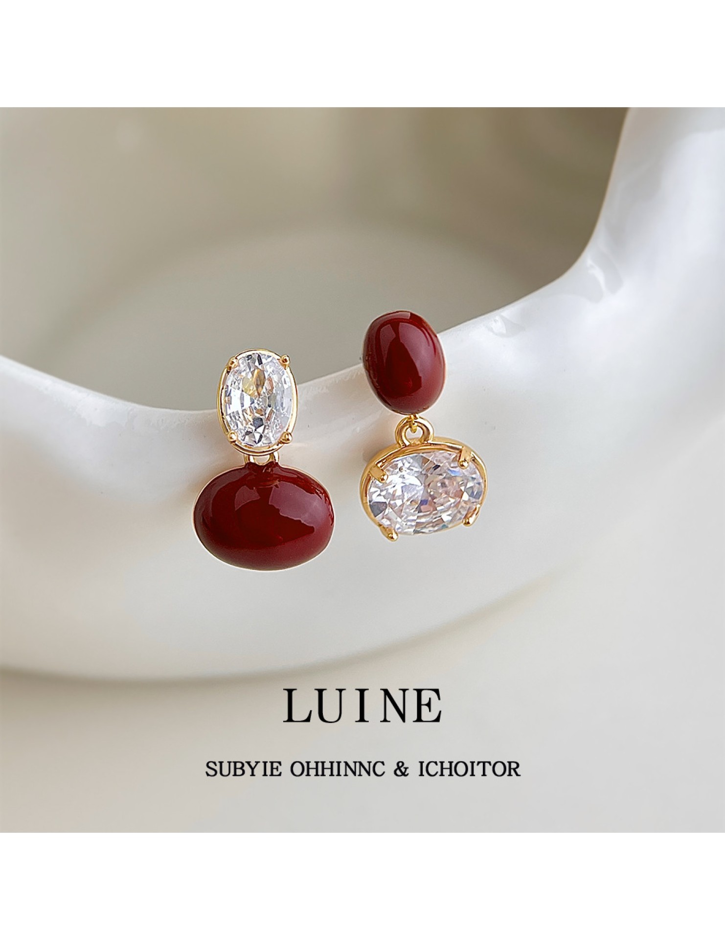 HELN124100353 文藝復古安可拉紅酒紅鋯石幾何s925銀針一款多戴耳環飾品