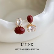 HELN124100353 文藝復古安可拉紅酒紅鋯石幾何s925銀針一款多戴耳環飾品