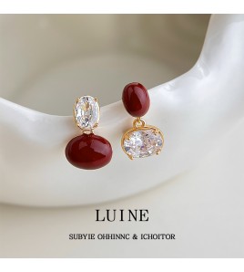 HELN124100353 文藝復古安可拉紅酒紅鋯石幾何s925銀針一款多戴耳環飾品