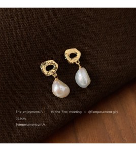 HELN124100354 巴洛克異形淡水珍珠~925銀針鍍14K手作設計感耳釘高級感耳飾 耳環