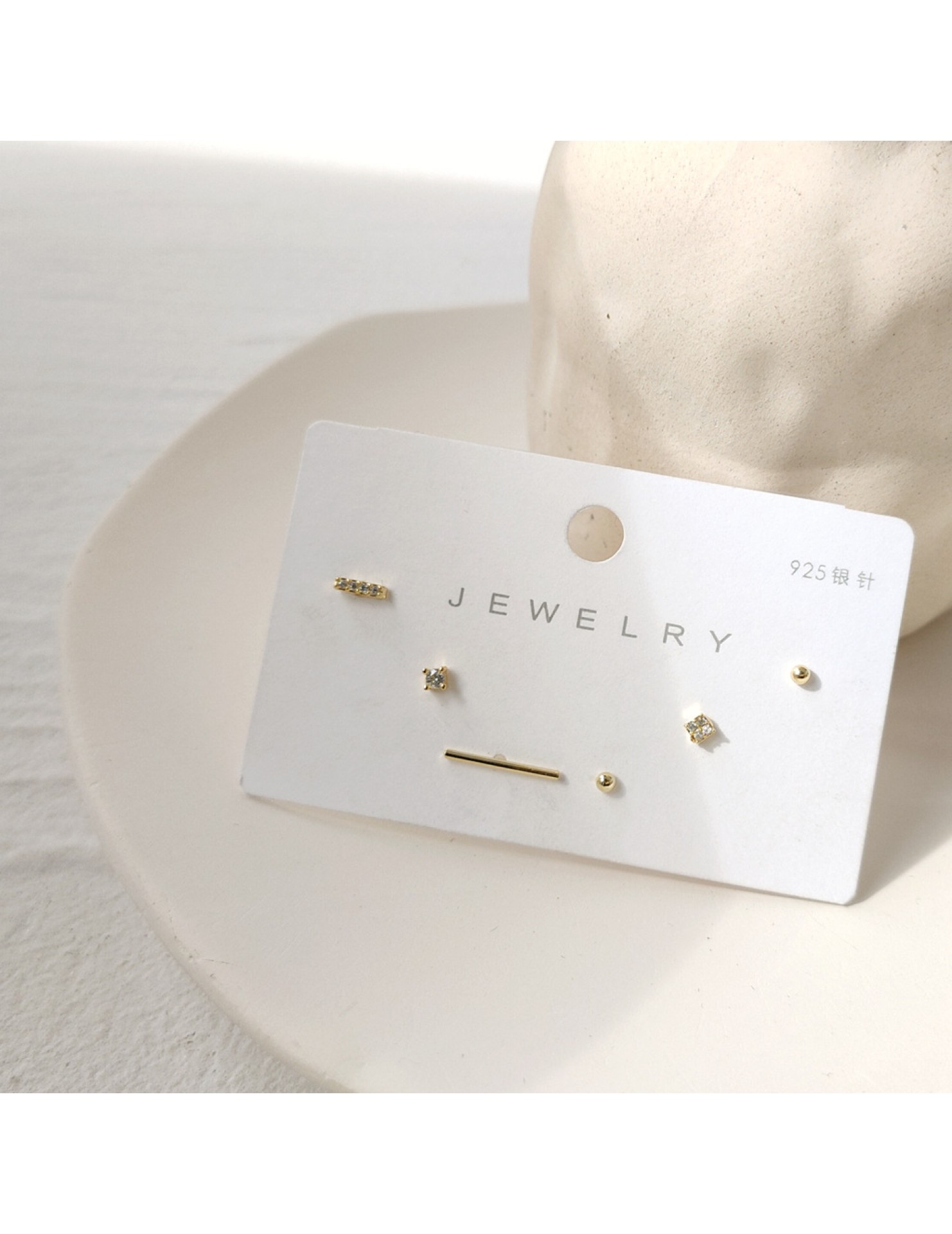 HELN124100365 925銀針鍍14K真金微鑲鋯石迷你品質款六件套簡約百搭小巧耳釘