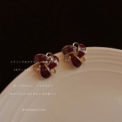 HELN124100367 復古酒紅色氣質幾何鏤空滴油鍍14K耳釘百搭高級感通勤耳飾女