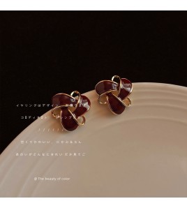HELN124100367 復古酒紅色氣質幾何鏤空滴油鍍14K耳釘百搭高級感通勤耳飾女