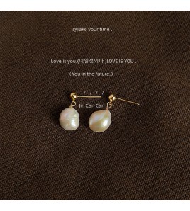 HELN124100368 異形巴洛克淡水珍珠手作設計感925銀針鍍14K耳釘復古耳飾耳環女