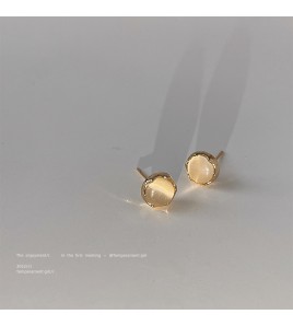 HELN124100372 極簡主義925銀針鍍14K圓形玻璃貓眼石耳釘 氣質簡約百搭日常耳飾