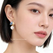 HELN124100373 琺瑯滴釉不對稱設計微鑲鋯石925銀針樹葉時尚高級感耳飾 耳環