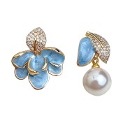 HELN124100373 琺瑯滴釉不對稱設計微鑲鋯石925銀針樹葉時尚高級感耳飾 耳環