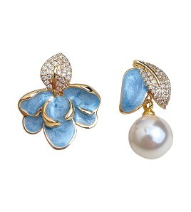 HELN124100373 琺瑯滴釉不對稱設計微鑲鋯石925銀針樹葉時尚高級感耳飾 耳環