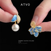 HELN124100373 琺瑯滴釉不對稱設計微鑲鋯石925銀針樹葉時尚高級感耳飾 耳環