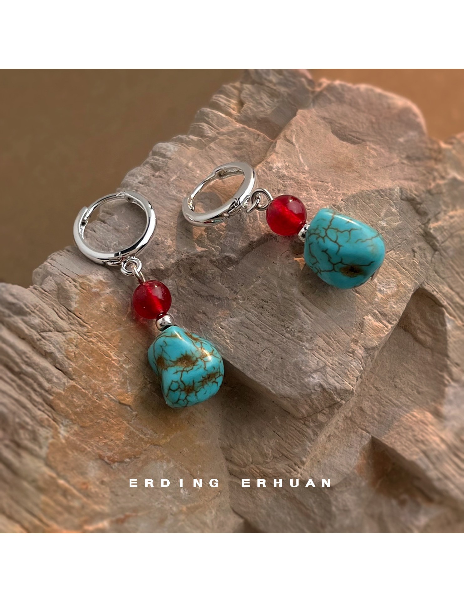HELN124100374 文藝復古民族風合成綠松石紅瑪瑙景區度假風耳環新款手工
