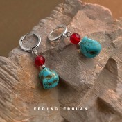 HELN124100374 文藝復古民族風合成綠松石紅瑪瑙景區度假風耳環新款手工