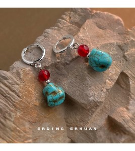 HELN124100374 文藝復古民族風合成綠松石紅瑪瑙景區度假風耳環新款手工