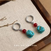 HELN124100374 文藝復古民族風合成綠松石紅瑪瑙景區度假風耳環新款手工